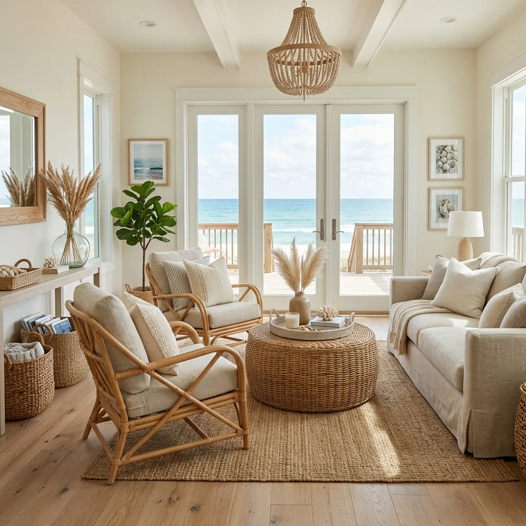 Coastal room with rattan furniture and wicker accents